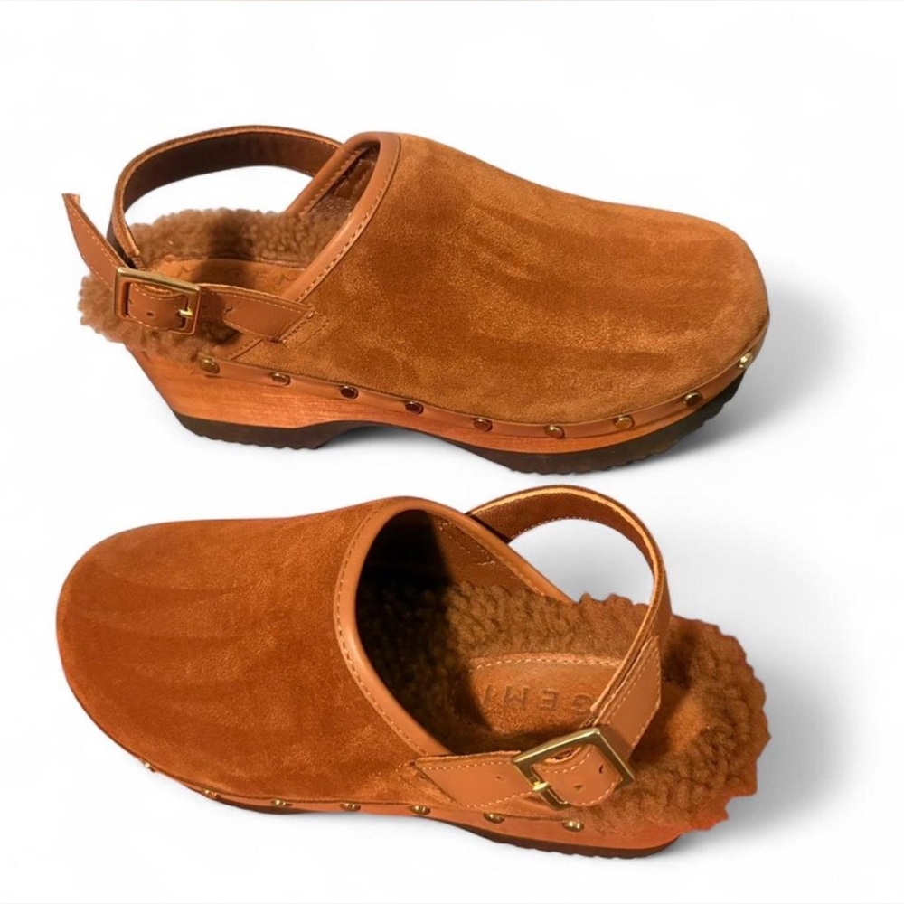 Suede shearling sherpa clogs platform heels studded 6.5